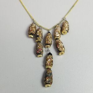 Vintage Black and Brown Glass Bead Drop Fringe Necklace, 16 Inch Chain